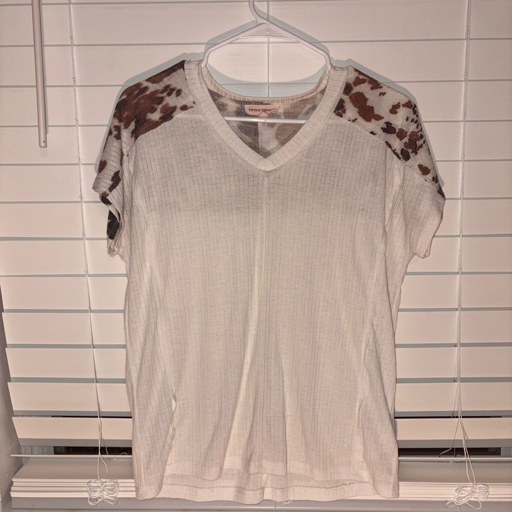 Women's White and Cow Print V Neck